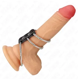 KINK - TRIPLE METAL PENIS RING 3.7 CM TO 5 CM CONNECTED WITH LEATHER
