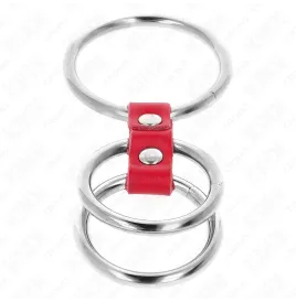 KINK - DREIFACH METALL PENISRING 3,7 CM BIS 5 CM VERBUNDEN MIT ROTEM LEDER