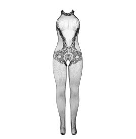 SUBBLIME - 951801 BODYSTOCKING CROTCHLESS DE REJILLA Y ENCAJE CON CUELLO ALTO NEGRO TALLA ÚNICA