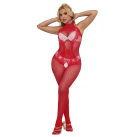 SUBBLIME - 952372 BODYSTOCKING RÉSILLE ET DENTELLE SANS FOURRURE COL MONTANT ROUGE TAILLE UNIQUE