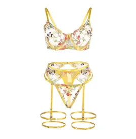 SUBBLIME - 954345 BRA THONG GARTER BELT FLORAL DESIGN YELLOW S-M