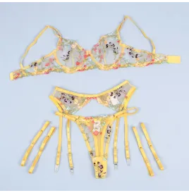 SUBBLIME - 954345 BRA THONG GARTER BELT FLORAL DESIGN YELLOW S-M