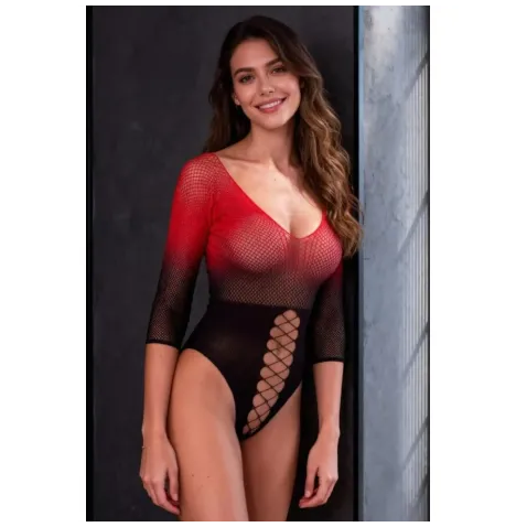 PASSION - BS118 BLACK AND RED MESH BODYSTOCKING