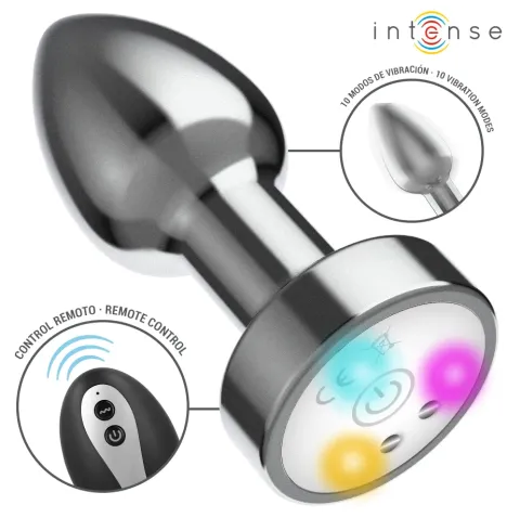 INTENSE - PLUG ANAL TALLA S DE METAL VIBRADOR CON LUCES LED MULTICOLOR Y CONTROL REMOTO