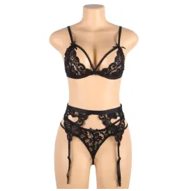SUBBLIME - SET THREE PIECES SET BRA GARTER BELT THONG S-M