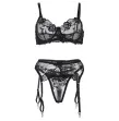 SUBBLIME - SET 3 PEZZI REGGISENO PERIZOMA GIARRETTIERA STAMPA FLOREALE NERO S-M