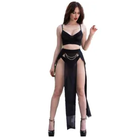 CHILIROSE - CR 4672 JUPE ET STRING NOIRS AVEC CHAÎNES DORÉS S
