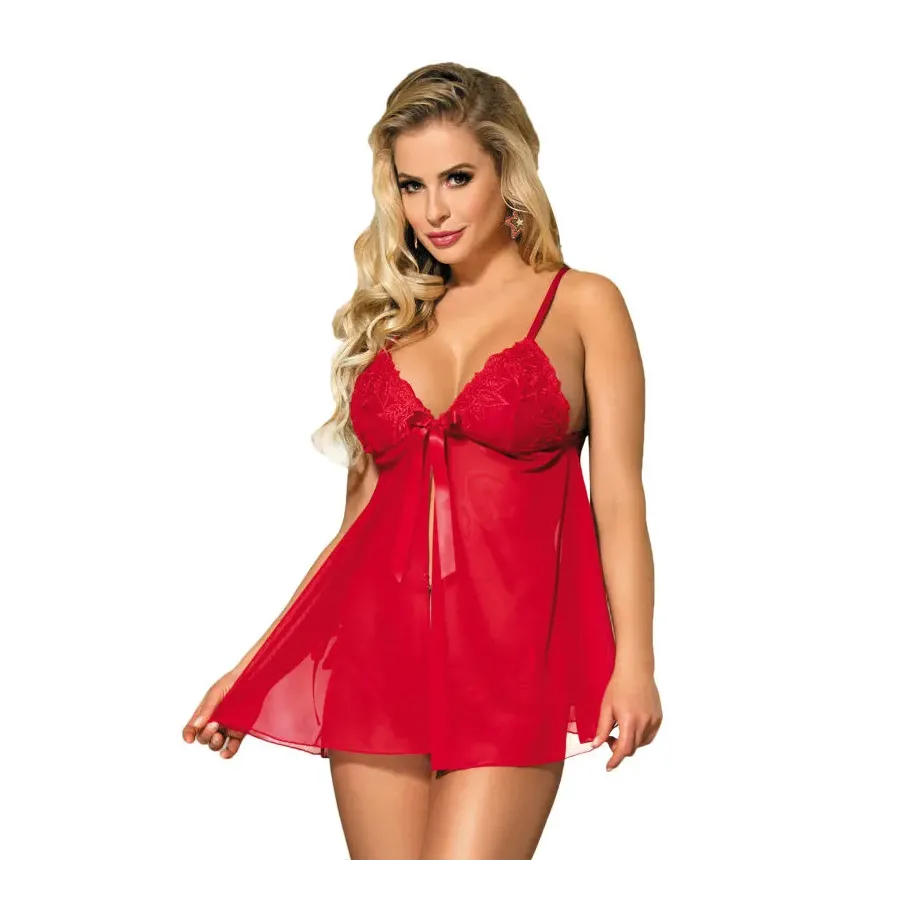 SUBBLIME - BABYDOLL AVEC NOEUD ET LACETS FLORAUX ROUGE L - XL SUBBLIME - BABYDOLL AVEC NOEUD ET LACETS FLORAUX ROUGE L - XL