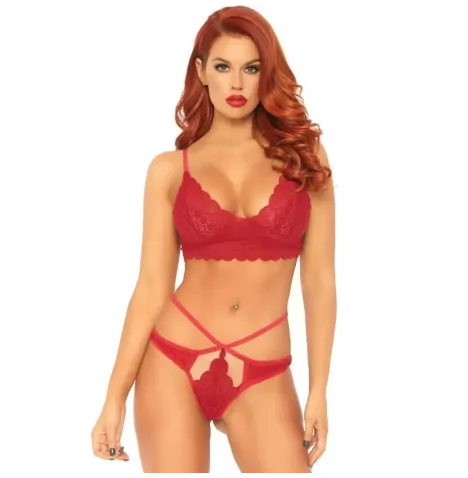 LEG AVENUE - 2 PIECES SET LACE BRALETTE AND THONG M-L