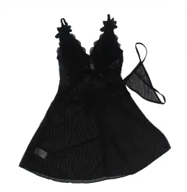 SUBBLIME - BABYDOLL TULLE FABRIC WITH LACE AND FLOWER DETAIL BLACK S-M