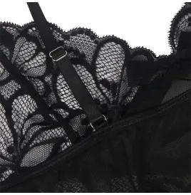 SUBBLIME - BABYDOLL WITH ADJUSTABLE STRAPS AND TRANSPARENT LACE FLORAL PRINT BLACK S-M