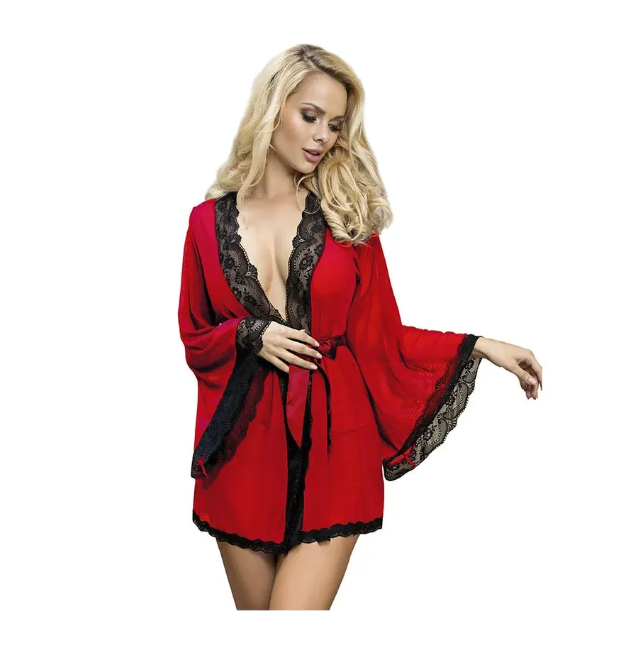 SUBBLIME - TRANSPARENT FABRIC ROBE WITH LACE DETAIL RED S-M SUBBLIME - TRANSPARENT FABRIC ROBE WITH LACE DETAIL RED S-M