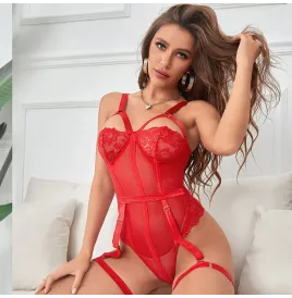 SUBBLIME - TEDDY AVEC JARRETIÈRE DÉTAIL POITRINE ROUGE S-M