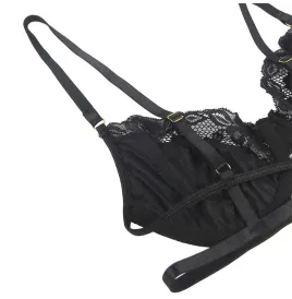 SUBBLIME - SET OF 3 PIECES BRA THONG LACE GARTER BLACK S-M