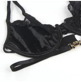 SUBBLIME - SET DE 3 PIEZAS SUJETADOR TANGA LIGA ENCAJE NEGRO S-M