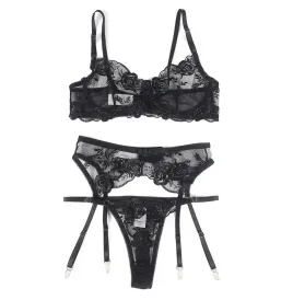 SUBBLIME - ENSEMBLE 3 PIÈCES SOUTIEN-GORGE STRING JARRETIÈRE IMPRIMÉ FLORAL NOIR S-M