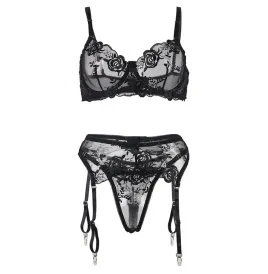SUBBLIME - SET OF 3 PIECES BRA THONG GARTER FLORAL PRINT BLACK S-M
