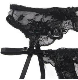 SUBBLIME - ENSEMBLE 3 PIÈCES SOUTIEN-GORGE STRING JARRETIÈRE IMPRIMÉ FLORAL NOIR S-M