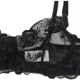 SUBBLIME - SET OF 3 PIECES BRA THONG GARTER FLORAL PRINT BLACK S-M