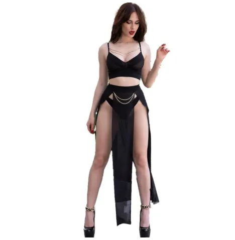 CHILIROSE - CR 4672 TOP NEGRO FALDA Y TANGA CON CADENAS DORADAS S
