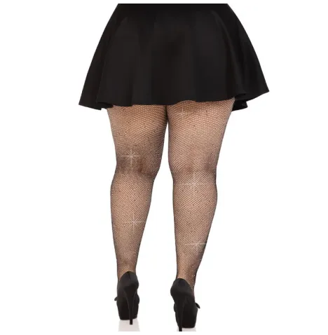LEG AVENUE - MEDIAS REJILLA CRISTALIZADA NEGRO PLUS SIZE