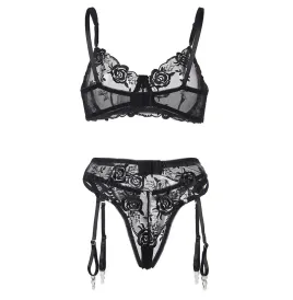 SUBBLIME - ENSEMBLE 3 PIÈCES SOUTIEN-GORGE STRING JARRETIÈRE IMPRIMÉ FLORAL NOIR S-M