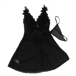 SUBBLIME - BABYDOLL TULLE FABRIC WITH LACE AND FLOWER DETAIL BLACK S-M
