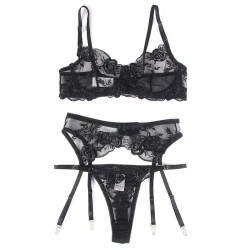 SUBBLIME - SET 3 PEZZI REGGISENO PERIZOMA GIARRETTIERA STAMPA FLOREALE NERO S-M
