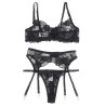 SUBBLIME - SET 3 PEZZI REGGISENO PERIZOMA GIARRETTIERA STAMPA FLOREALE NERO S-M