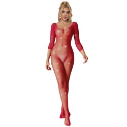 SUBBLIME - 952419 NETZ-BODYSTOCKING MIT DIAMANTEN, LANGE ÄRMEL, ROT, XS-M