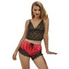 SUBBLIME - 953959 CHEMISE DE NUIT DÉCONTRACTÉE EN SOIE PANTALON EN DENTELLE NOIR-ROUGE S-M