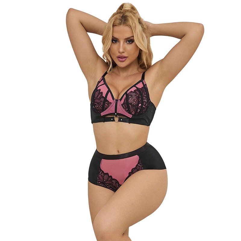 SUBBLIME - 955588 ENSEMBLE SOUTIEN-GORGE EN CUIR VERNI ROSE AVEC FERMETURE ÉCLAIR L-XL