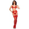 CHILIROSE - CR 4848 RED LACE BRA THONG STOCKINGS SET S