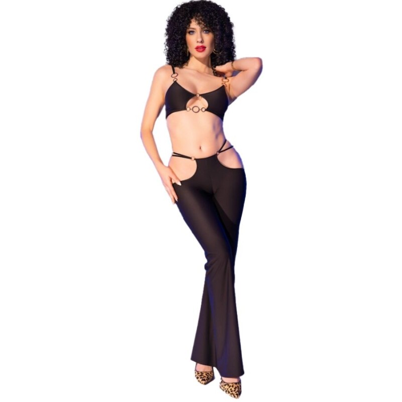 CHILIROSE - CR 4851 ENSEMBLE TOP ET LEGGINGS NOIRS AVEC ACCESSOIRES DORÉS S
