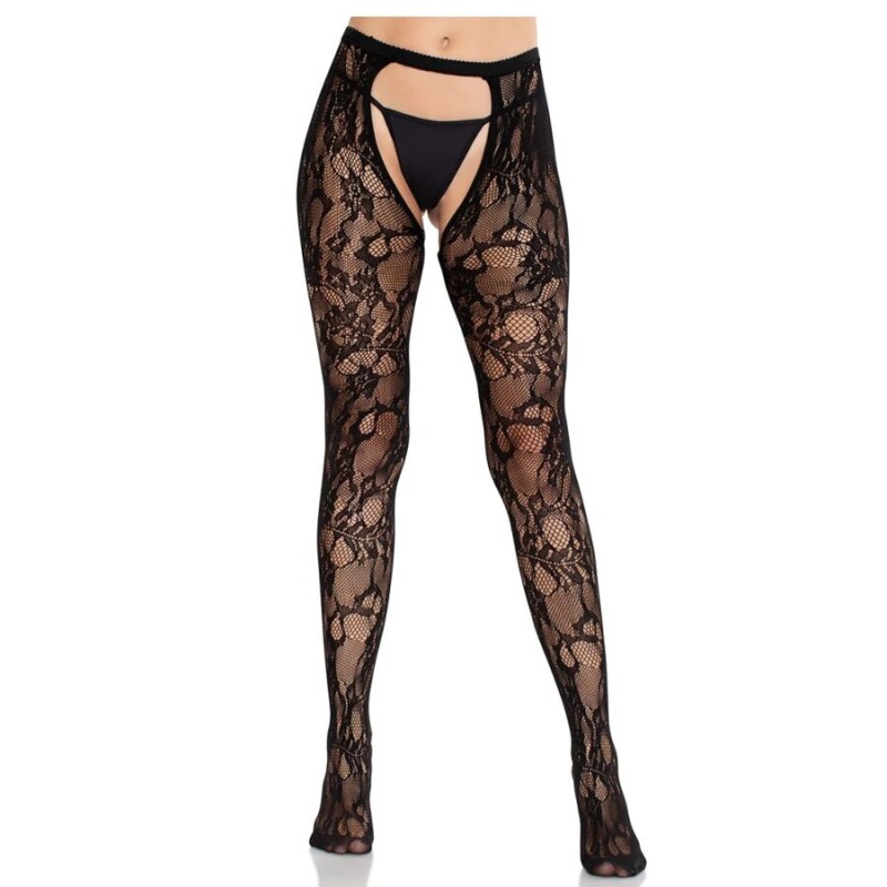 LEG AVENUE - BAS EN DENTELLE ROSE AVEC DOS OUVERT NOIR