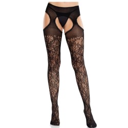 LEG AVENUE - FLORAL LACE STOCKINGS WITH GARTERS UNITED BLACK