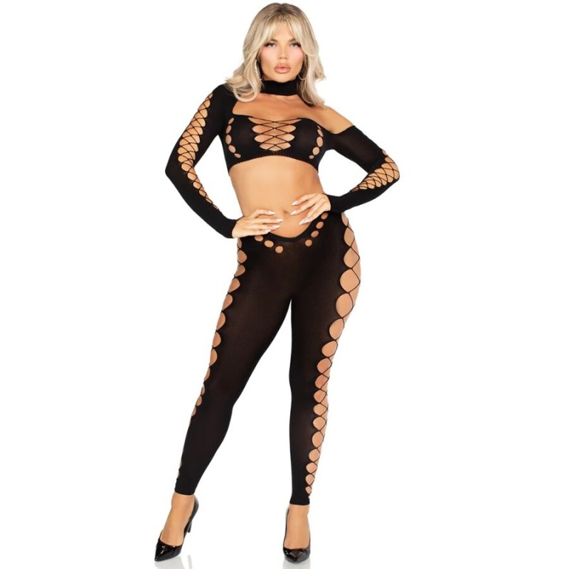 LEG AVENUE - CROP TOP AND LEGGINGS CUT-OUT SEAMLESS BLACK