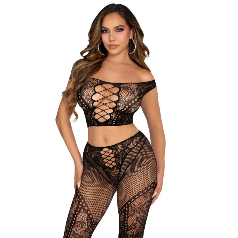 LEG AVENUE - CROP TOP AND FISHNET LEGGING WITH BARE SHOULDERS BLACK
