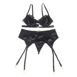 SUBBLIME - SET 3 PEZZI REGGISENO PERIZOMA REGGISENO IN PIZZO NERO S-M
