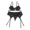 SUBBLIME - SET OF 3 PIECES BRA THONG LACE GARTER BLACK S-M