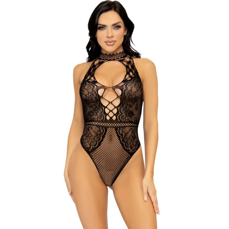 LEG AVENUE - NET AND LACE KEYHOLE HALTER BODYSUIT ONE SIZE LEG AVENUE - NET AND LACE KEYHOLE HALTER BODYSUIT ONE SIZE