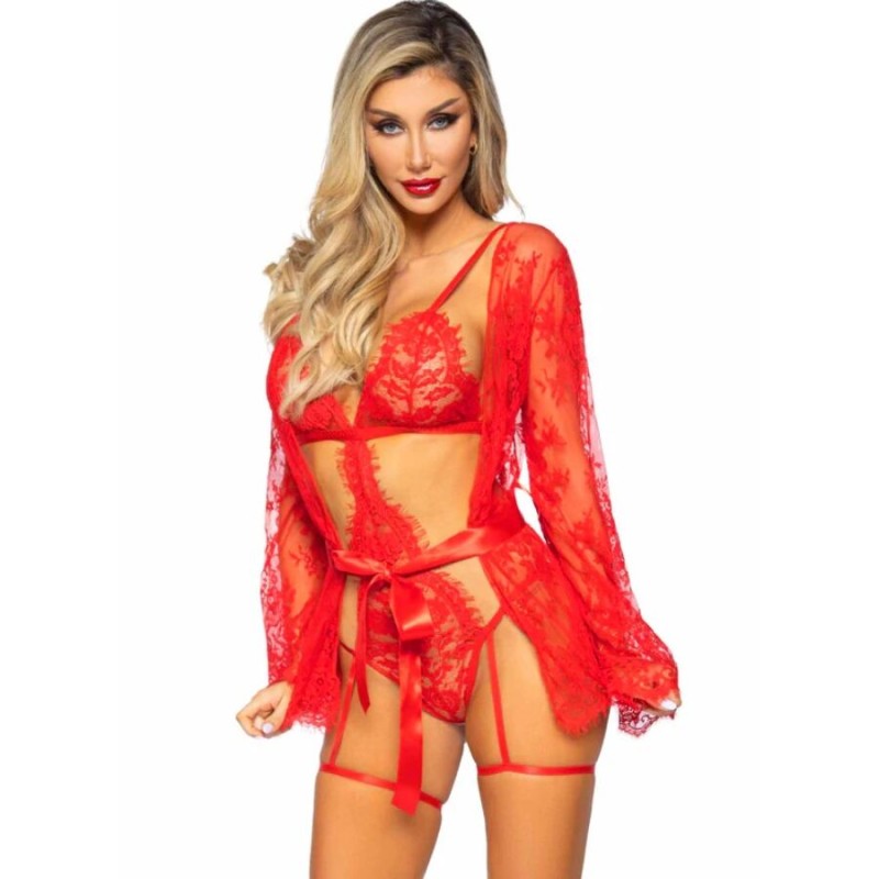 LEG AVENUE - 86123 SET BODY BATA DE LIGUERO ROJO TALLA S