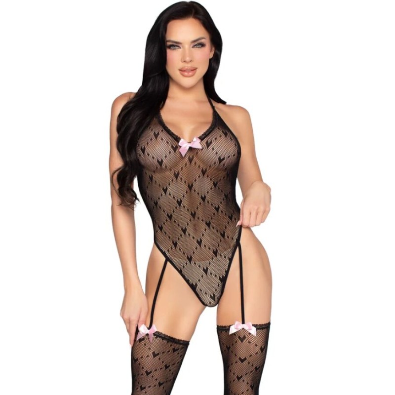 LEG AVENUE - 89360 BODY DOS OUVERT AVEC PORTE-JARRETELLES NOIR - TAILLE UNIQUE