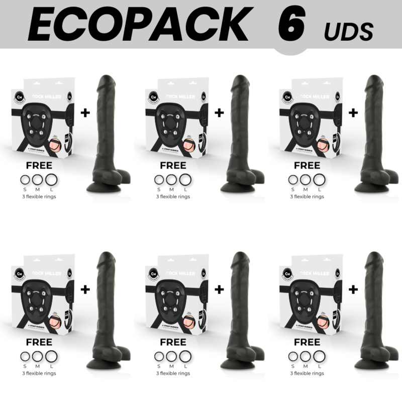 ECOPACK 6 UNITÉS - COCK MILLER HARNAIS SILICONE DENSITÉ ARTICULABLE NOIR COCKSIL 24 CM
