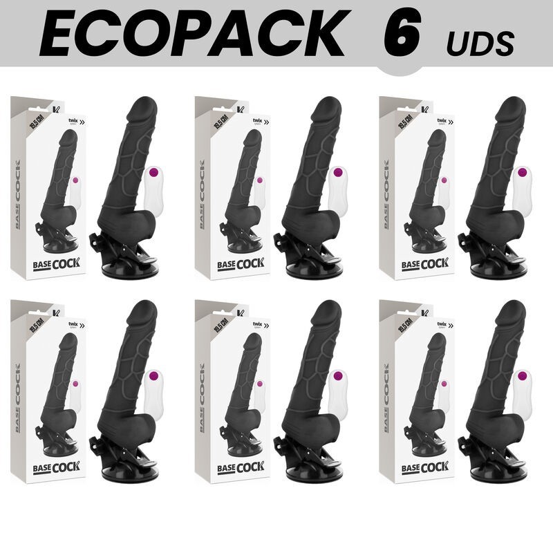ECOPACK 6 UNITS - BASECOCK REALISTIC VIBRATOR REMOTE CONTROL BLACK WITH TESTICLES 19.5 CM -O- 4 CM