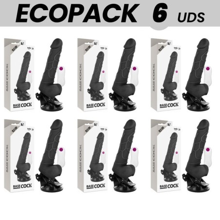 ECOPACK 6 UNIDADES - BASECOCK VIBRADOR REALÍSTICO CONTROL REMOTO NEGRO CON TESTÍCULOS 19.5 CM -O- 4 CM