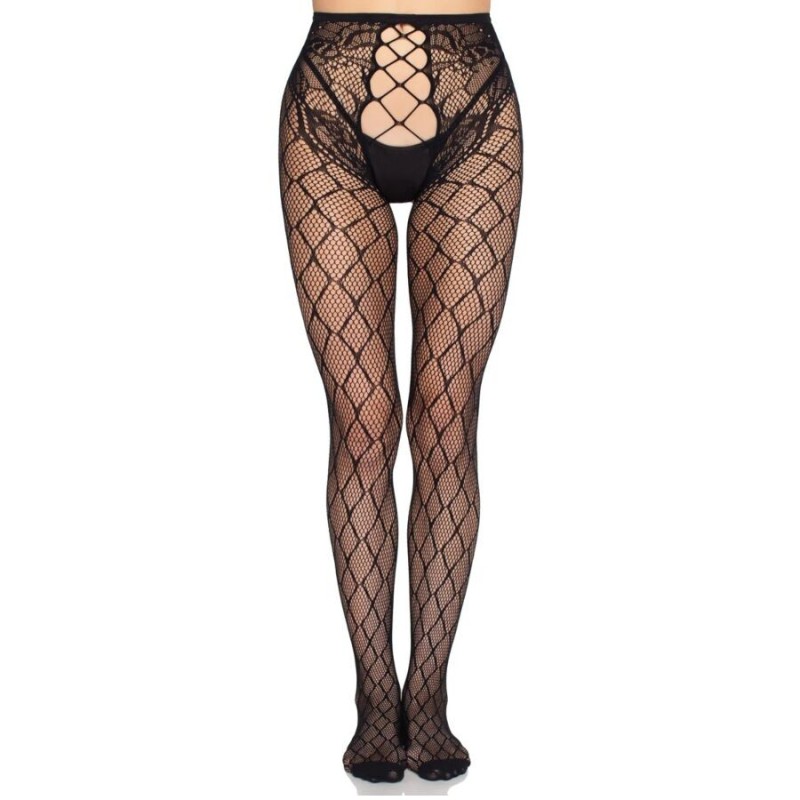 LEG AVENUE - 1966 NET TIGHTS WITH CROTCHLESS PANTY BLACK - ONE SIZE