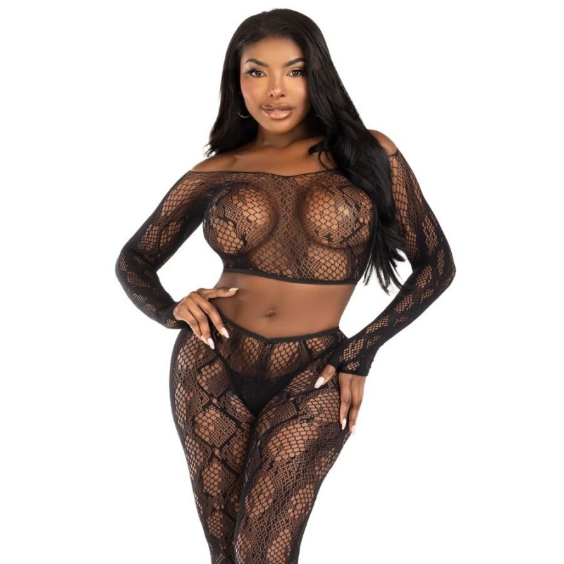 LEG AVENUE - 89373 PYTHON-CROP-TOP and FUSSLOSE STRUMPFHOSE SCHWARZ - EINHEITSGRÖSSE