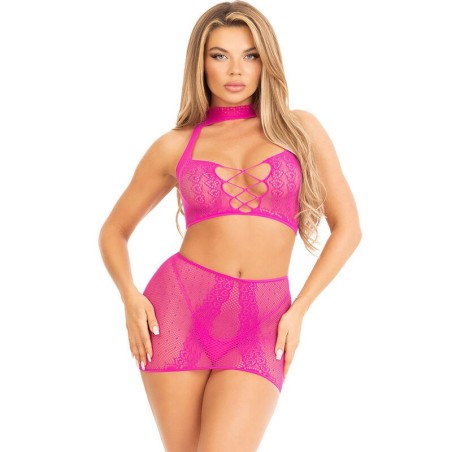 LEG AVENUE - FUCHSIA OPEN LACE TOP and SKIRT