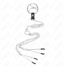 KINK - DREIFACH CHROM METALL PENISRING 3,8 CM BIS 5 CM MIT 26 CM METALLKETTE UND NIPPELKLEMMEN MODELL 2